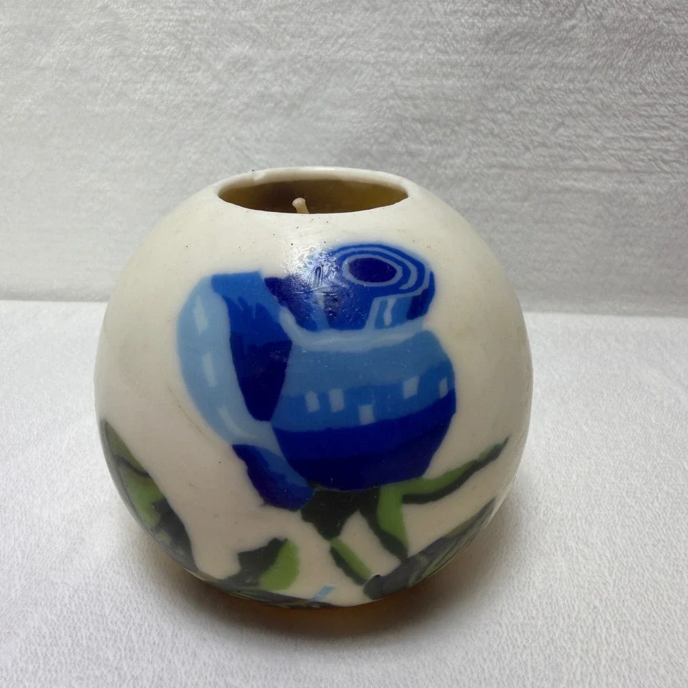 Lifelines Sculpted Candle Round Sphere Blue Floral Rose White Wax Art Decor